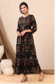 Women's Black Rayon Printed Flared Dress
