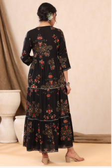 Women's Black Rayon Printed Flared Dress