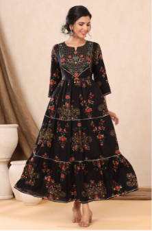 Women's Black Rayon Printed Flared Dress