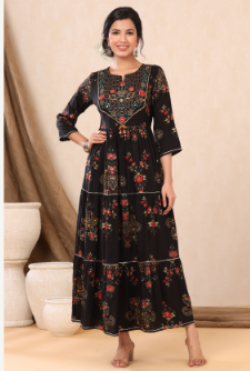 Women's Black Rayon Printed Flared Dress