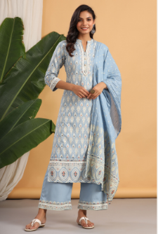 Women's Powderblue Rayon Printed Straight Kurta Palazzo Dupatta Set