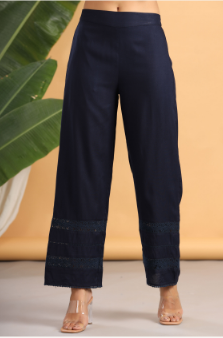 Women's Navy Rayon Solid Flared Palazzo with Lacework