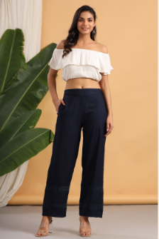 Women's Navy Rayon Solid Flared Palazzo with Lacework
