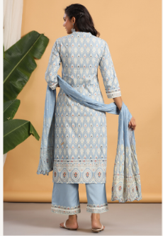Women's Powderblue Rayon Printed Straight Kurta Palazzo Dupatta Set