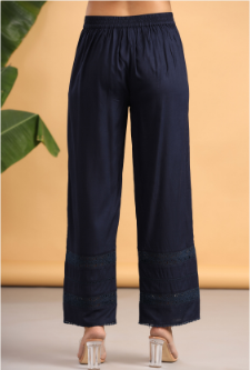 Women's Navy Rayon Solid Flared Palazzo with Lacework