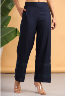 Women's Navy Rayon Solid Flared Palazzo with Lacework