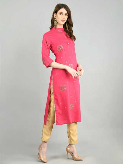 Women's Pink Cotton Printed 3/4 Sleeve Mandarin Neck Casual Kurta Dupatta Set