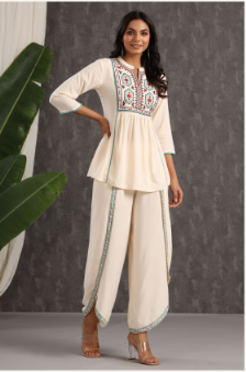 Women's Ivory Rayon Embroidered Peplum Tunic Dhoti Set