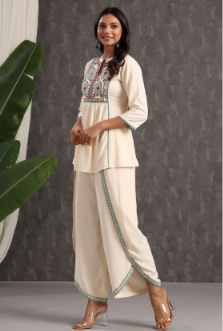 Women's Ivory Rayon Embroidered Peplum Tunic Dhoti Set