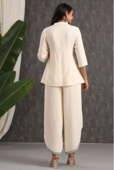 Women's Ivory Rayon Embroidered Peplum Tunic Dhoti Set