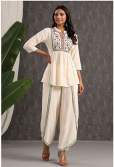 Women's Ivory Rayon Embroidered Peplum Tunic Dhoti Set