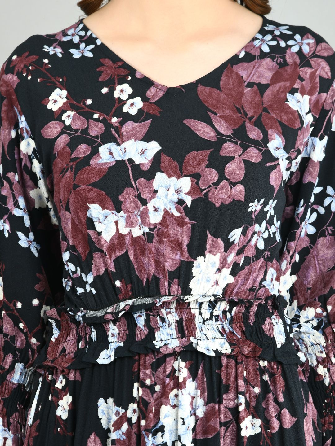 Women's Multi Rayon Printed Full Sleeve V Neck Casual Dress