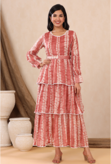 Women's Rust Chiffon Tie & Dye Tiered Dress with Belt