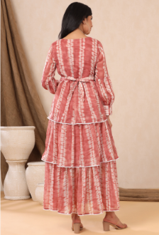 Women's Rust Chiffon Tie & Dye Tiered Dress with Belt