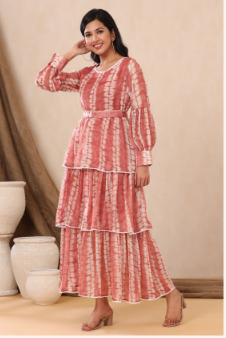Women's Rust Chiffon Tie & Dye Tiered Dress with Belt