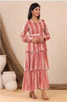Women's Rust Chiffon Tie & Dye Tiered Dress with Belt