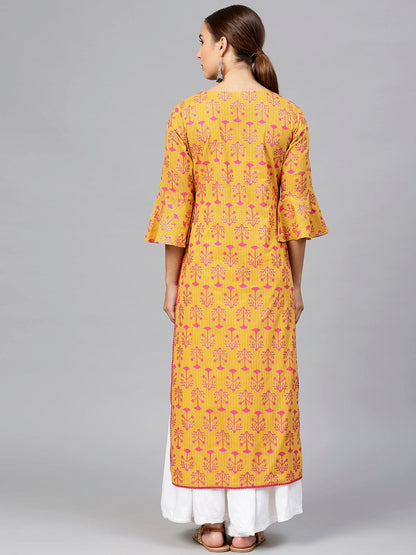Women's Mustard Yellow & Magenta Printed Straight Kurta
