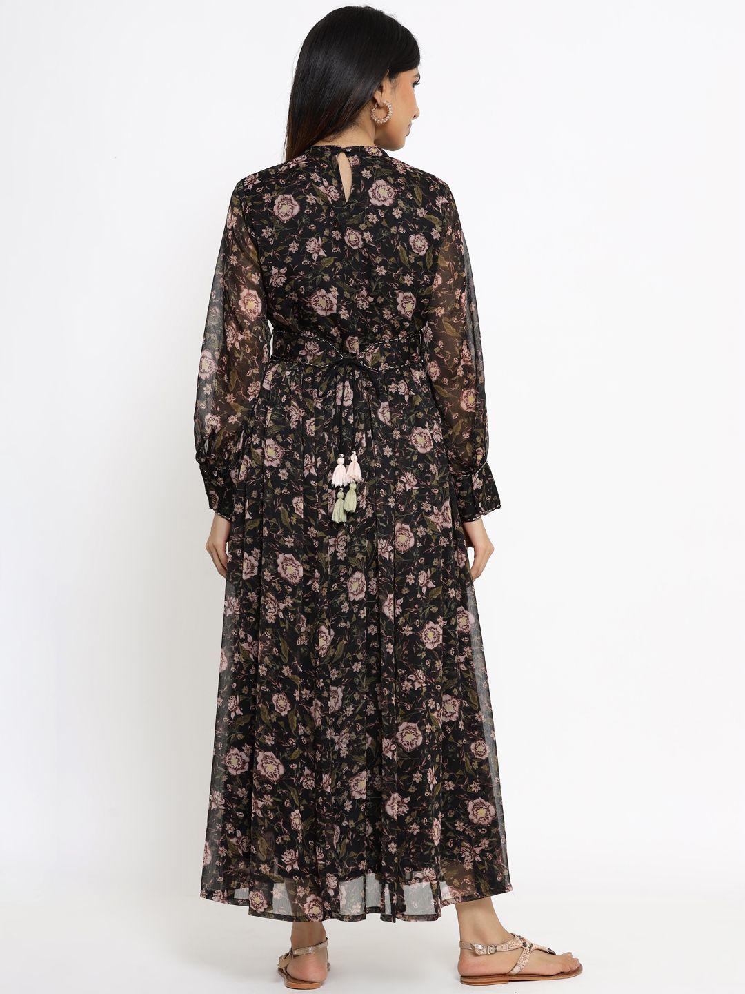Women's Black Alphin Chiffon Flared Printed Dress With Tie-up Blet
