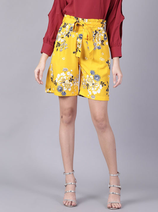 Women's Daima Mustard Yellowslip-On Printed  Polyester Shorts