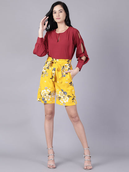 Women's Daima Mustard Yellowslip-On Printed  Polyester Shorts