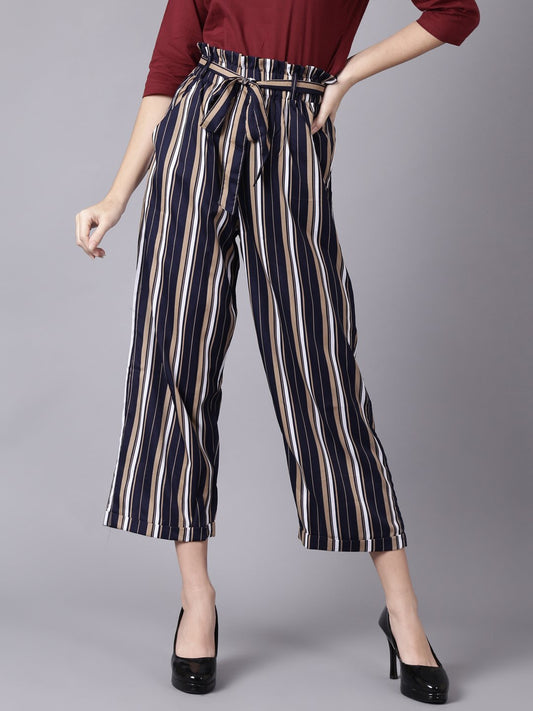 Women's Daima Navy Blue Striped Casual Crepe Trouser