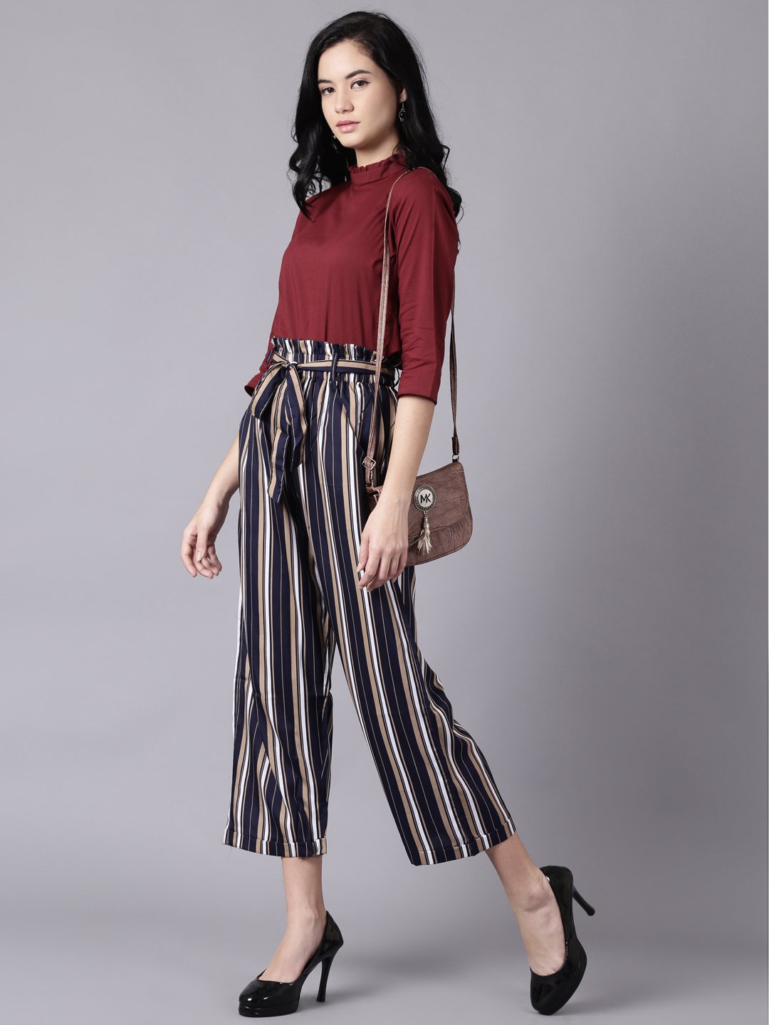 Women's Daima Navy Blue Striped Casual Crepe Trouser