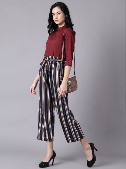 Women's Daima Navy Blue Striped Casual Crepe Trouser