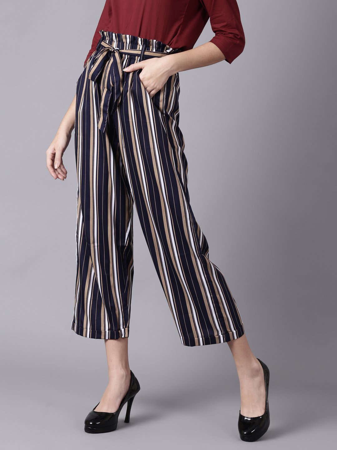Women's Daima Navy Blue Striped Casual Crepe Trouser