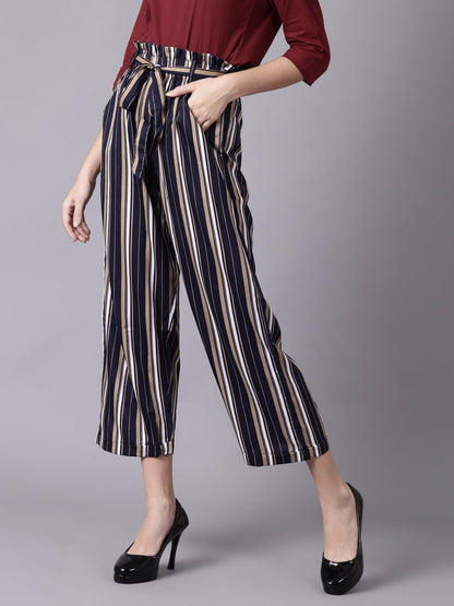 Women's Daima Navy Blue Striped Casual Crepe Trouser