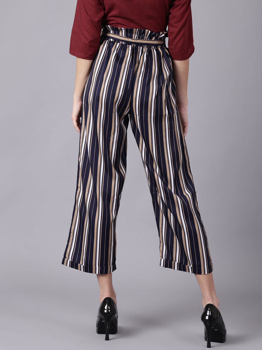 Women's Daima Navy Blue Striped Casual Crepe Trouser