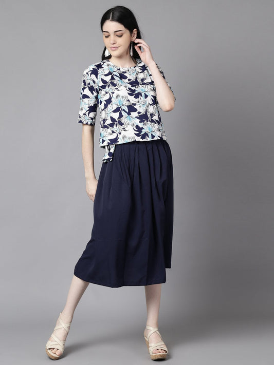 Women's Daima Navy Blue Slip-On Polyester Short Sleeves Skirt And Top Set