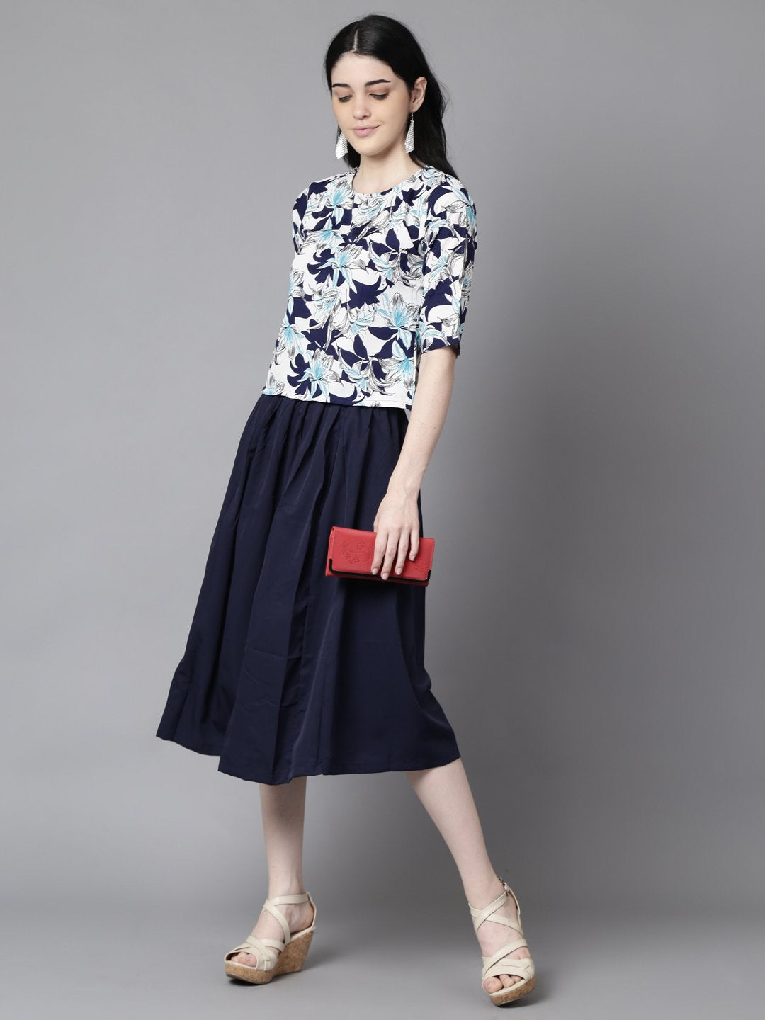 Women's Daima Navy Blue Slip-On Polyester Short Sleeves Skirt And Top Set