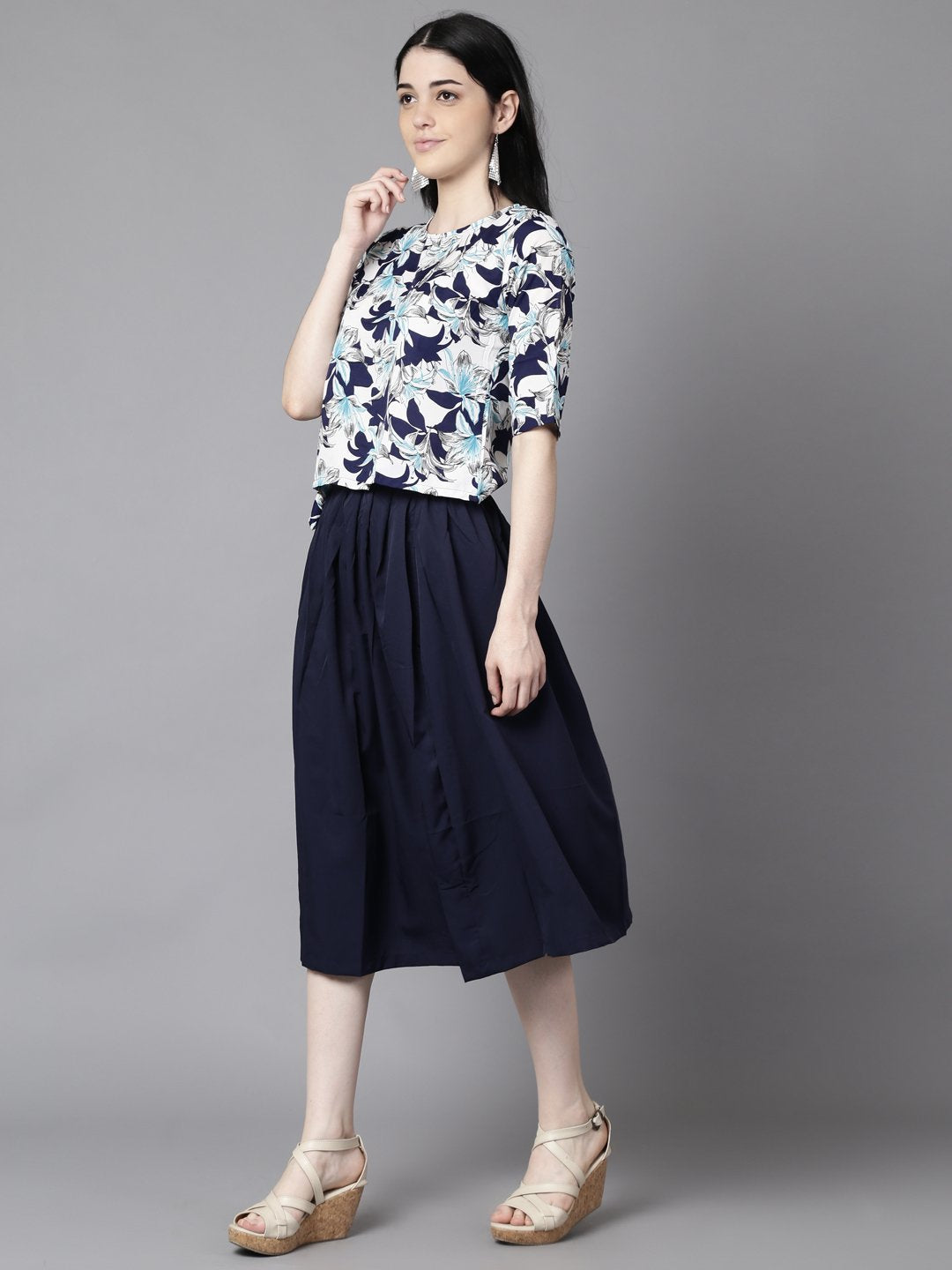 Women's Daima Navy Blue Slip-On Polyester Short Sleeves Skirt And Top Set