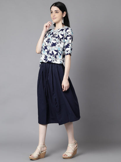 Women's Daima Navy Blue Slip-On Polyester Short Sleeves Skirt And Top Set