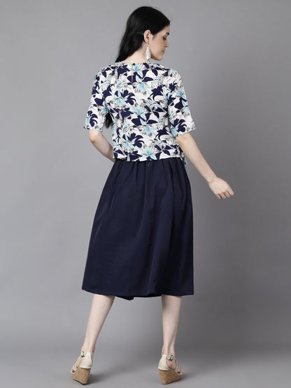 Women's Daima Navy Blue Slip-On Polyester Short Sleeves Skirt And Top Set