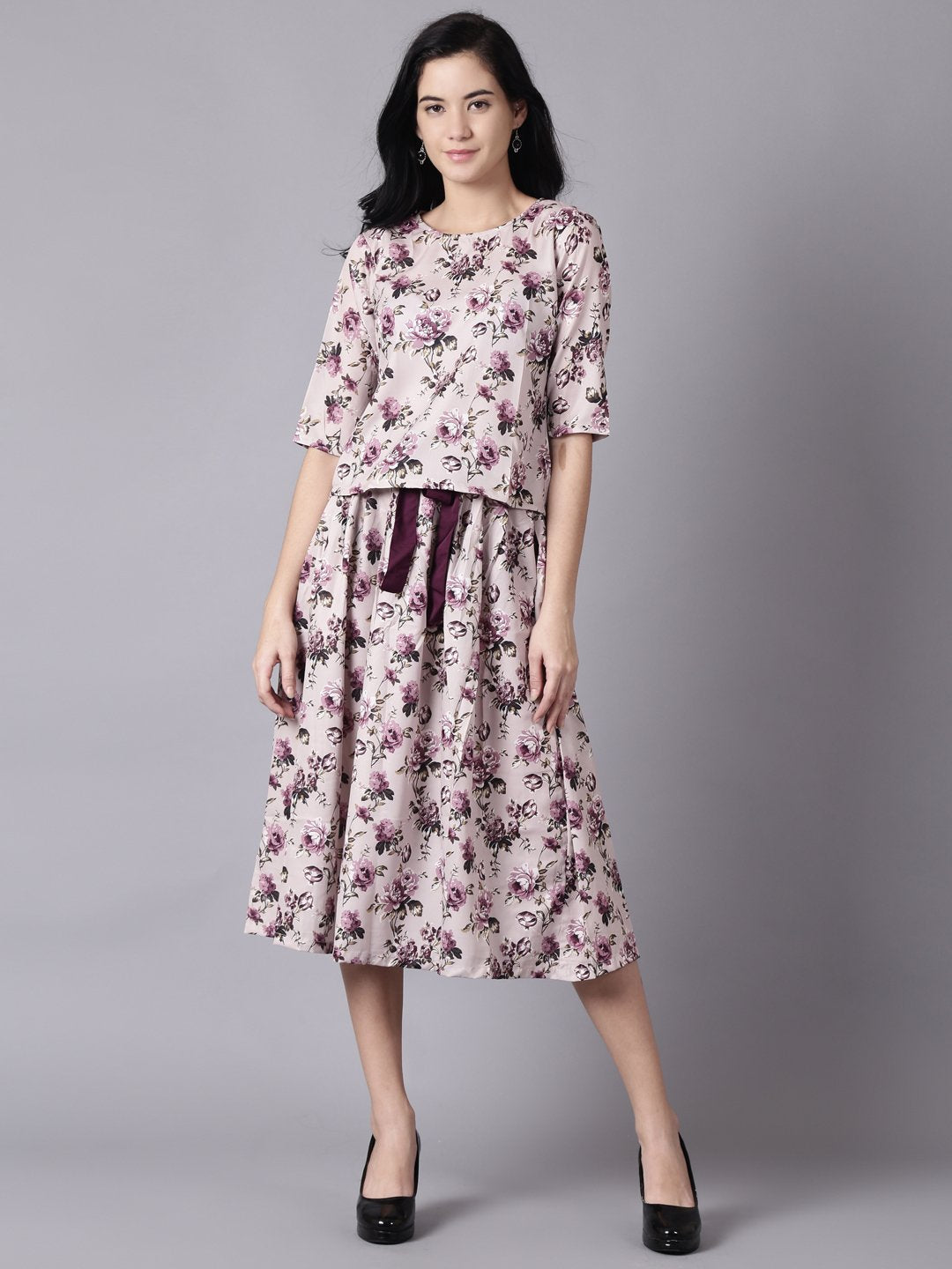 Women's Daima Beige Slip-On Polyester Short Sleeves Skirt And Top Set