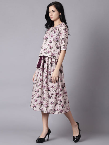 Women's Daima Beige Slip-On Polyester Short Sleeves Skirt And Top Set