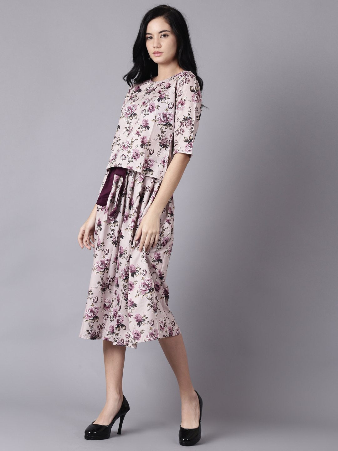 Women's Daima Beige Slip-On Polyester Short Sleeves Skirt And Top Set