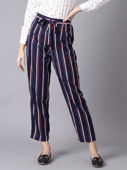 Women's Daima Navy Blue Striped Casual Crepe Trouser