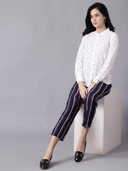 Women's Daima Navy Blue Striped Casual Crepe Trouser