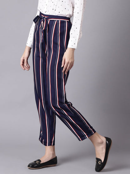 Women's Daima Navy Blue Striped Casual Crepe Trouser