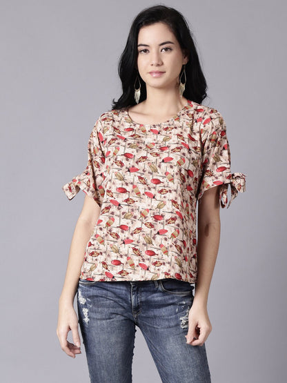 Women's Daima Beige Casual Printed Round Neck Top