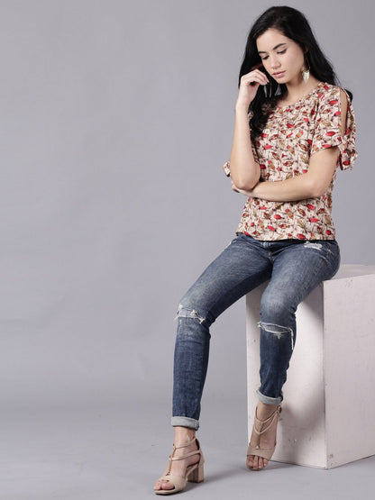 Women's Daima Beige Casual Printed Round Neck Top