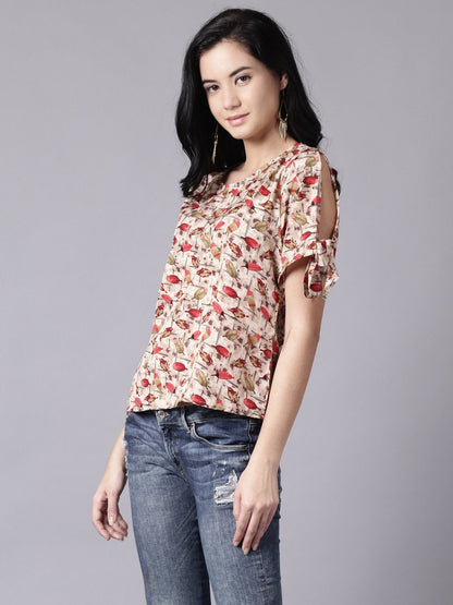 Women's Daima Beige Casual Printed Round Neck Top