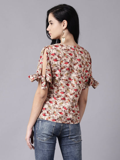 Women's Daima Beige Casual Printed Round Neck Top
