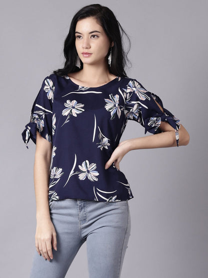 Women's Daima Navy Blue Casual Printed Round Neck Top
