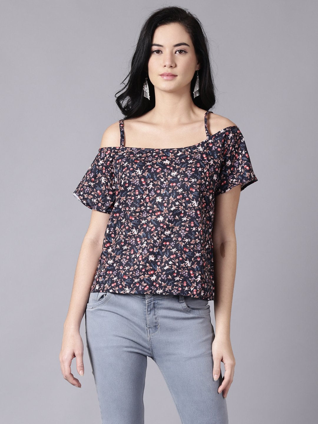 Women's Daima Navy Blue Casual Printed Shoulder Straps Top