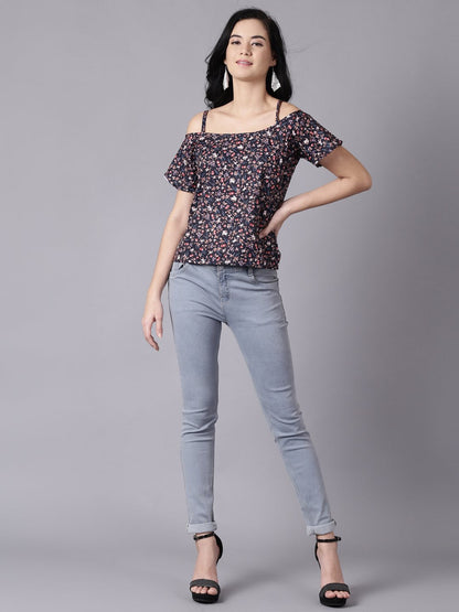 Women's Daima Navy Blue Casual Printed Shoulder Straps Top