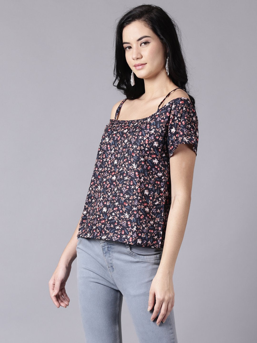 Women's Daima Navy Blue Casual Printed Shoulder Straps Top