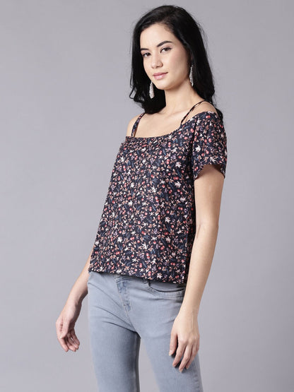 Women's Daima Navy Blue Casual Printed Shoulder Straps Top